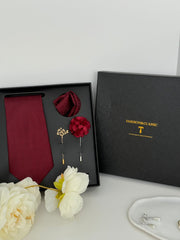 Burgundy Luxury Tie Gift Set – Necktie, Pocket Square, Lapel Pin & Tie Clip
