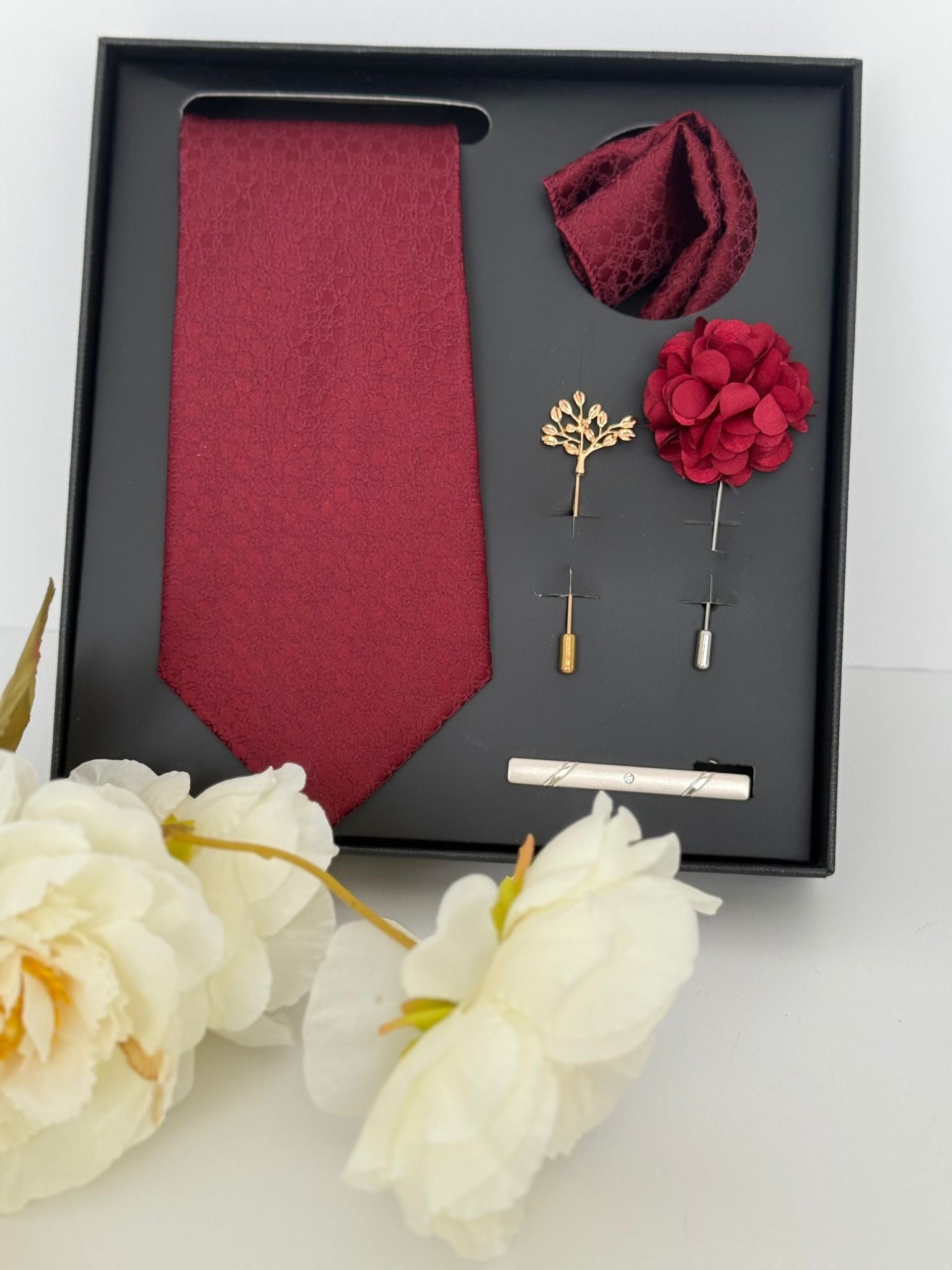 Burgundy Luxury Tie Gift Set – Necktie, Pocket Square, Lapel Pin & Tie Clip