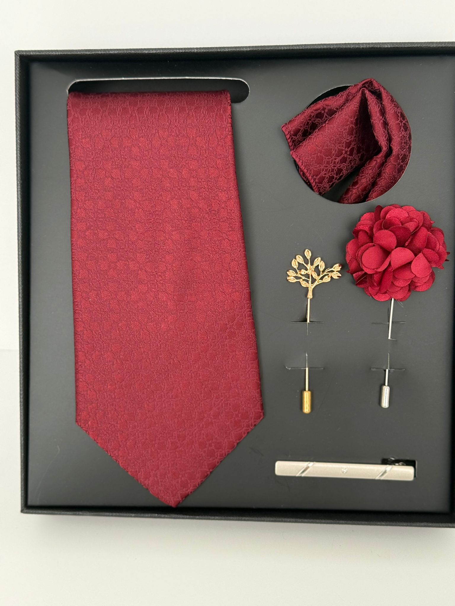 Burgundy Luxury Tie Gift Set – Necktie, Pocket Square, Lapel Pin & Tie Clip