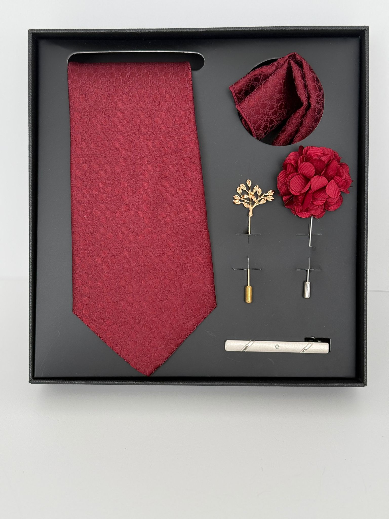 Burgundy Luxury Tie Gift Set – Necktie, Pocket Square, Lapel Pin & Tie Clip