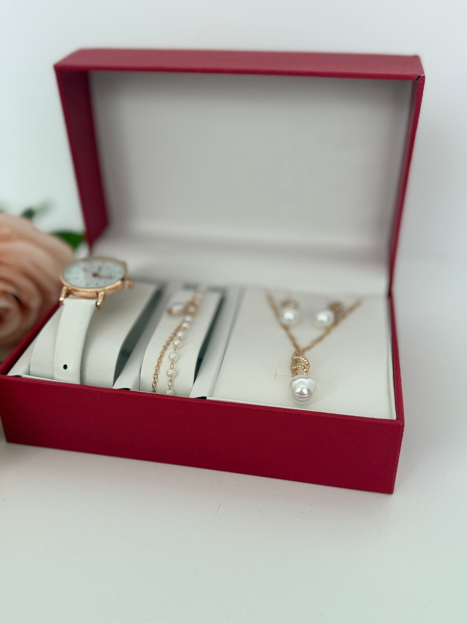 Luxury Watch & Pearl Jewelry Gift Set (4-Piece Bundle)