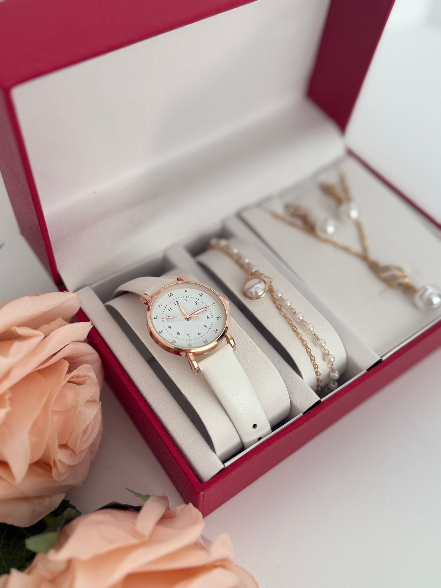 Luxury Watch & Pearl Jewelry Gift Set (4-Piece Bundle)