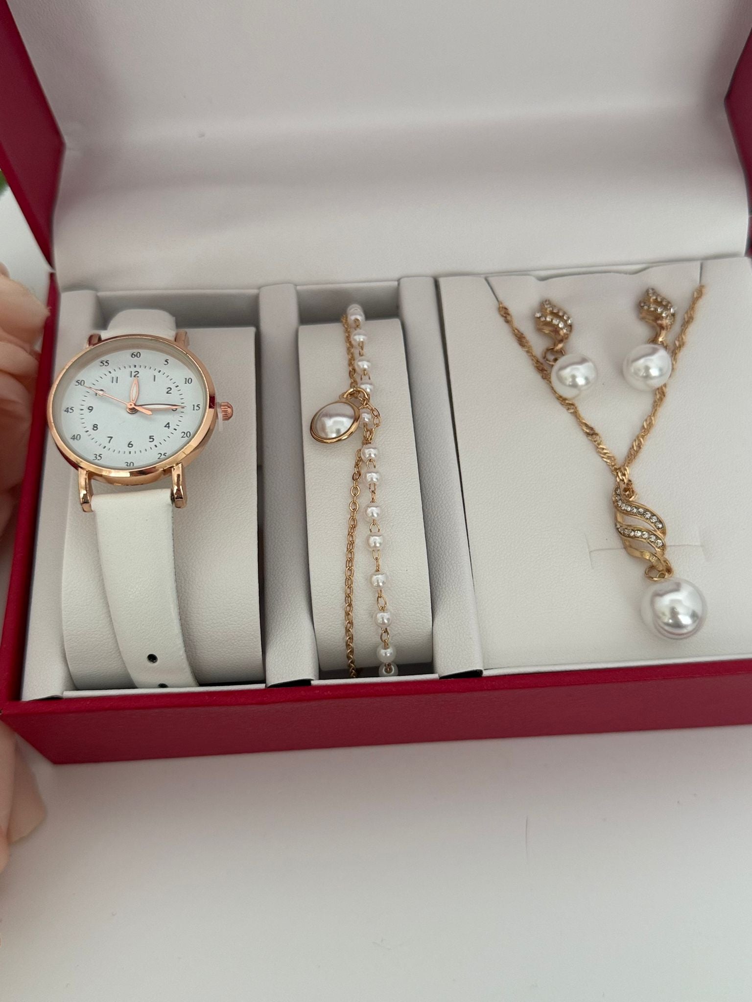 Luxury Watch & Pearl Jewelry Gift Set (4-Piece Bundle)