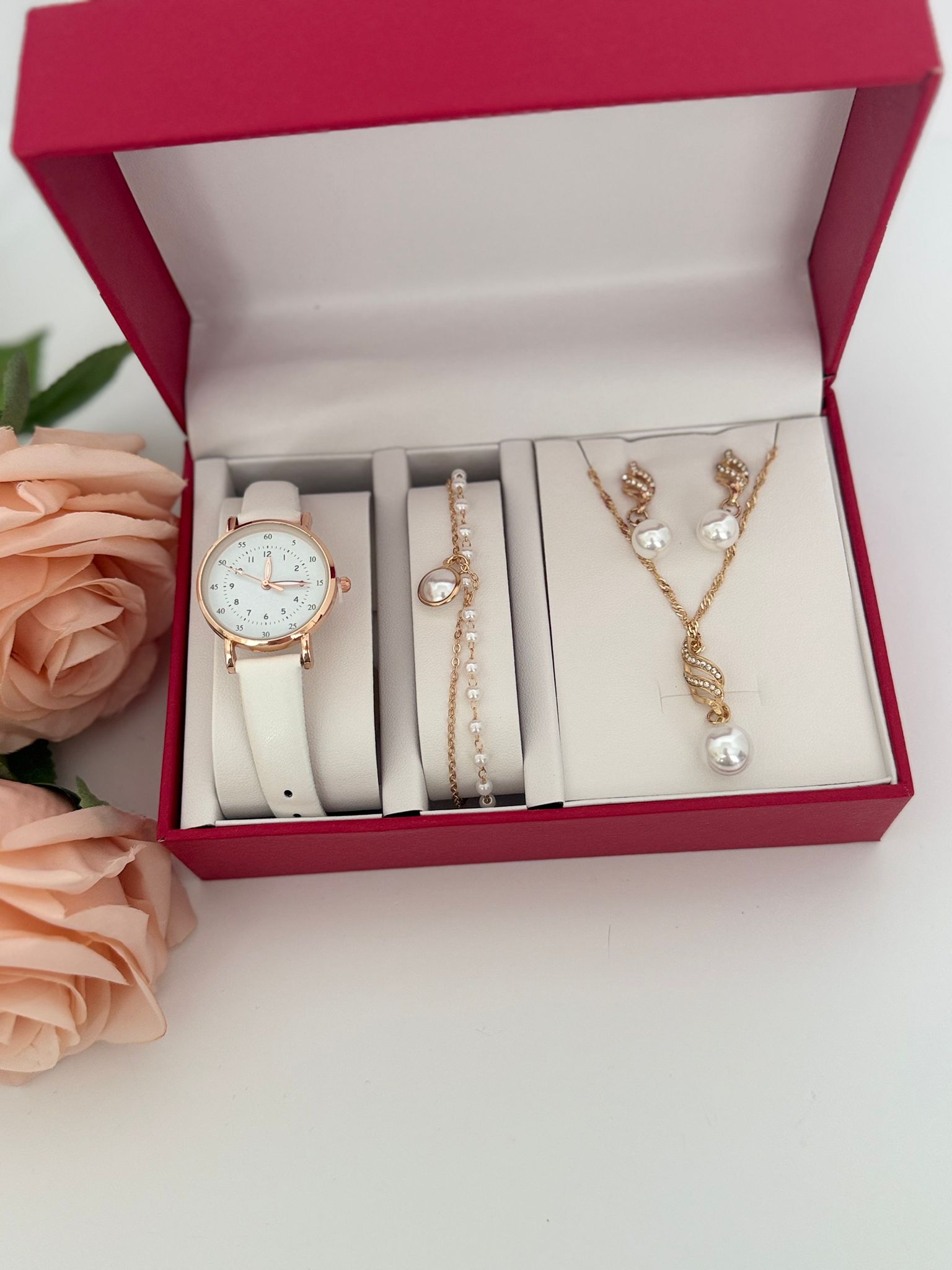 Luxury Watch & Pearl Jewelry Gift Set (4-Piece Bundle)