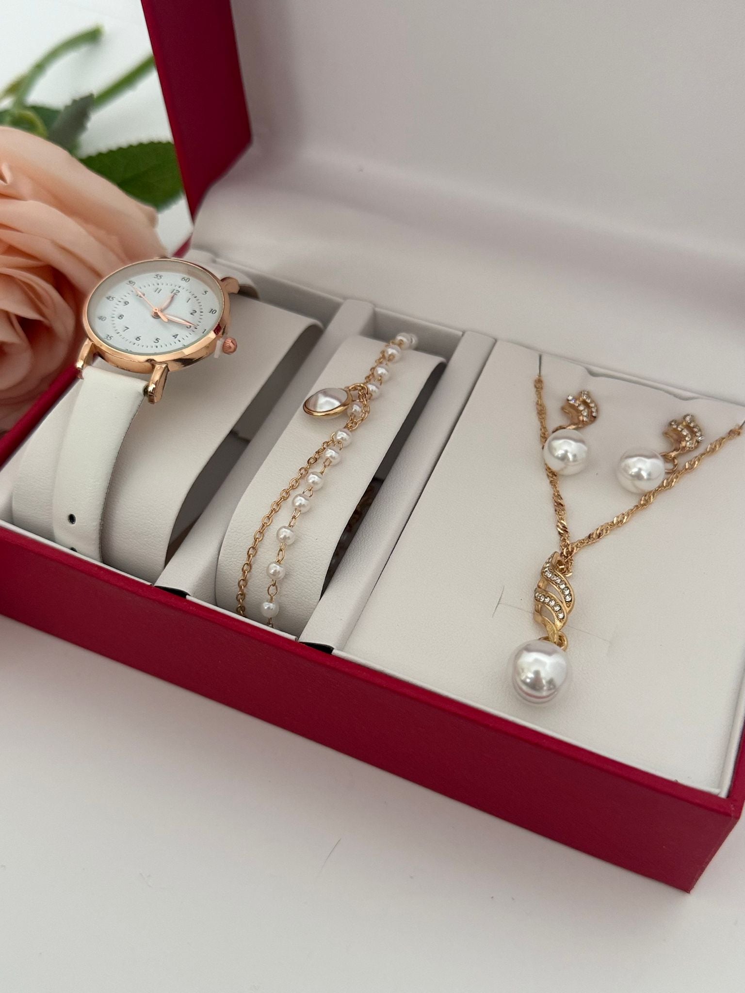 Luxury Watch & Pearl Jewelry Gift Set (4-Piece Bundle)
