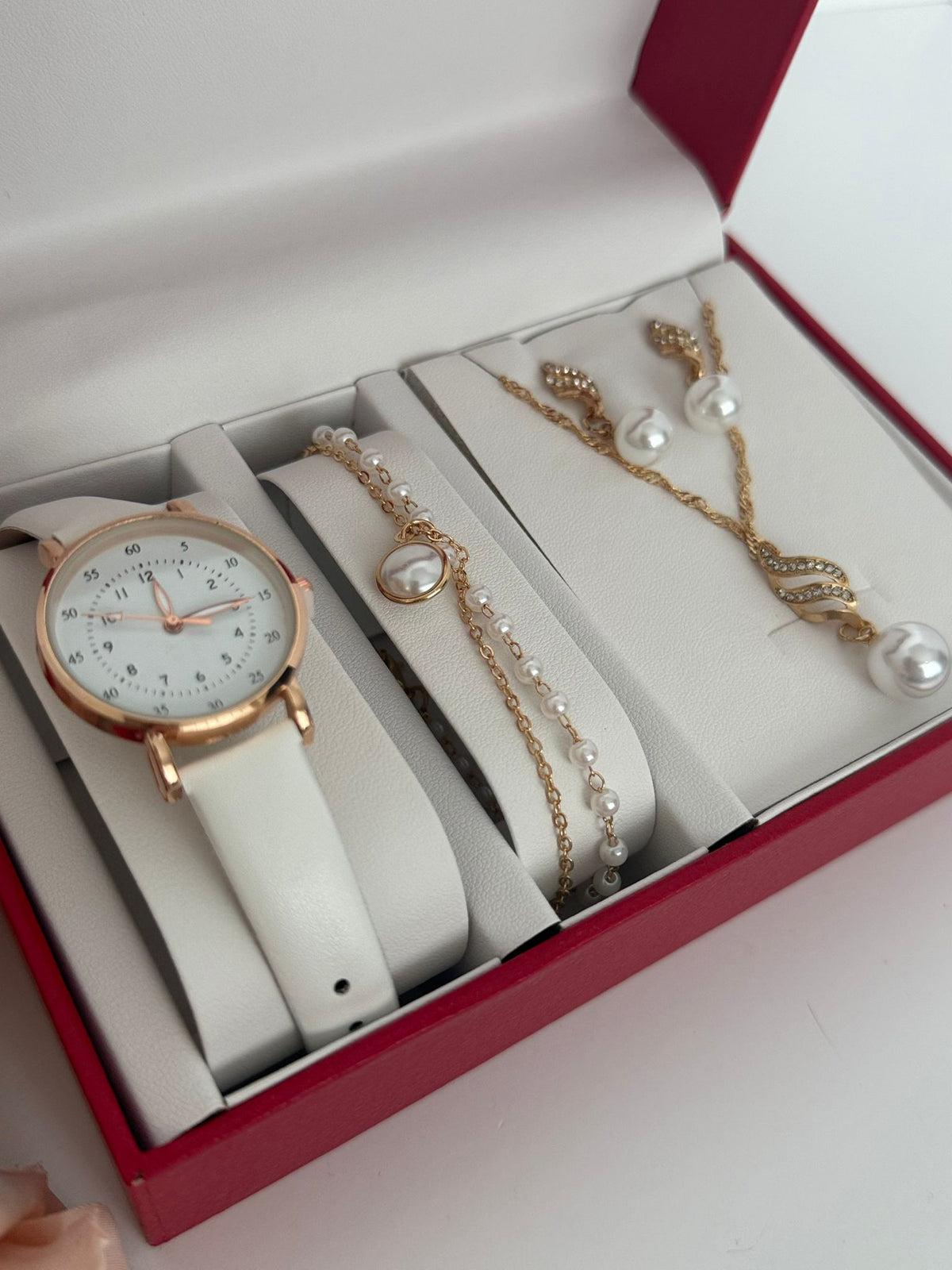 Luxury Watch & Pearl Jewelry Gift Set (4-Piece Bundle)