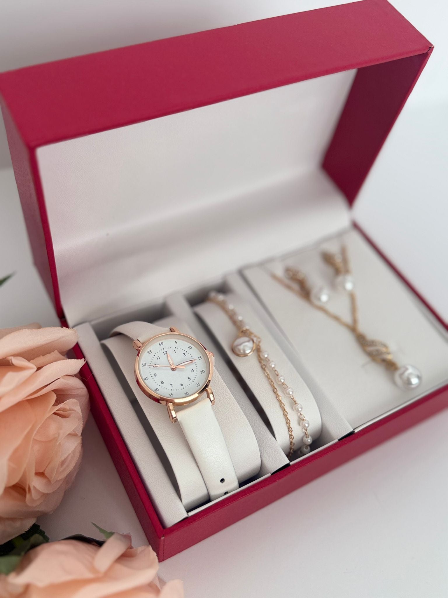 Luxury Watch & Pearl Jewelry Gift Set (4-Piece Bundle)