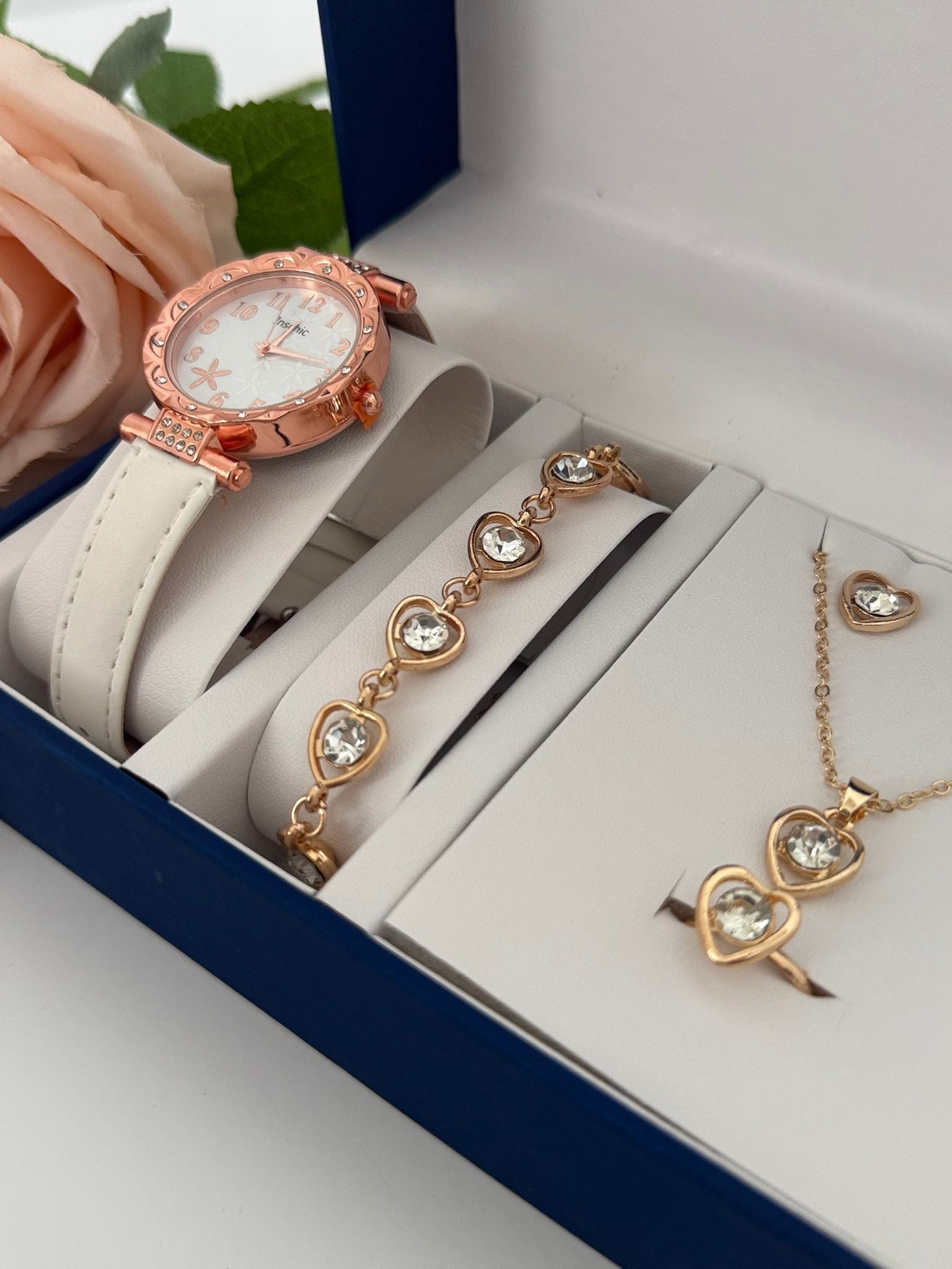 Romantic Heart Watch & Jewelry Gift Set (4-Piece Bundle)