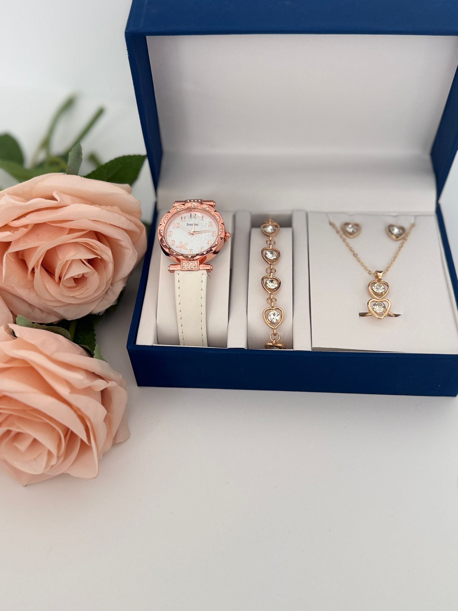 Romantic Heart Watch & Jewelry Gift Set (4-Piece Bundle)