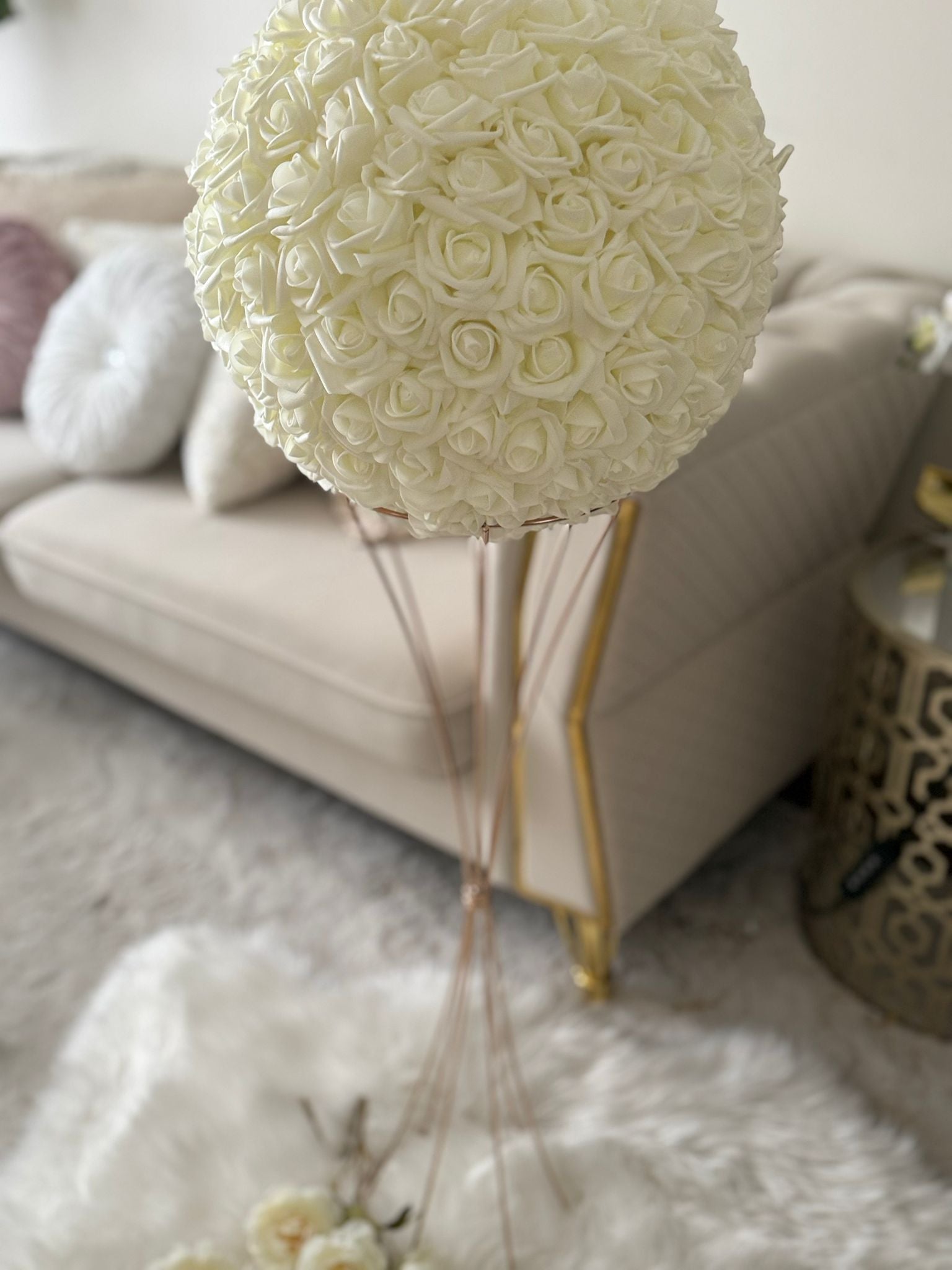 Elegant Ivory Rose Ball Topiary – Wedding & Home Floral Centerpiece