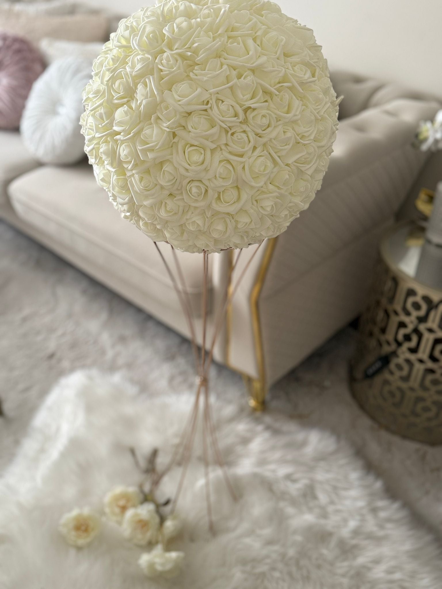 Elegant Ivory Rose Ball Topiary – Wedding & Home Floral Centerpiece