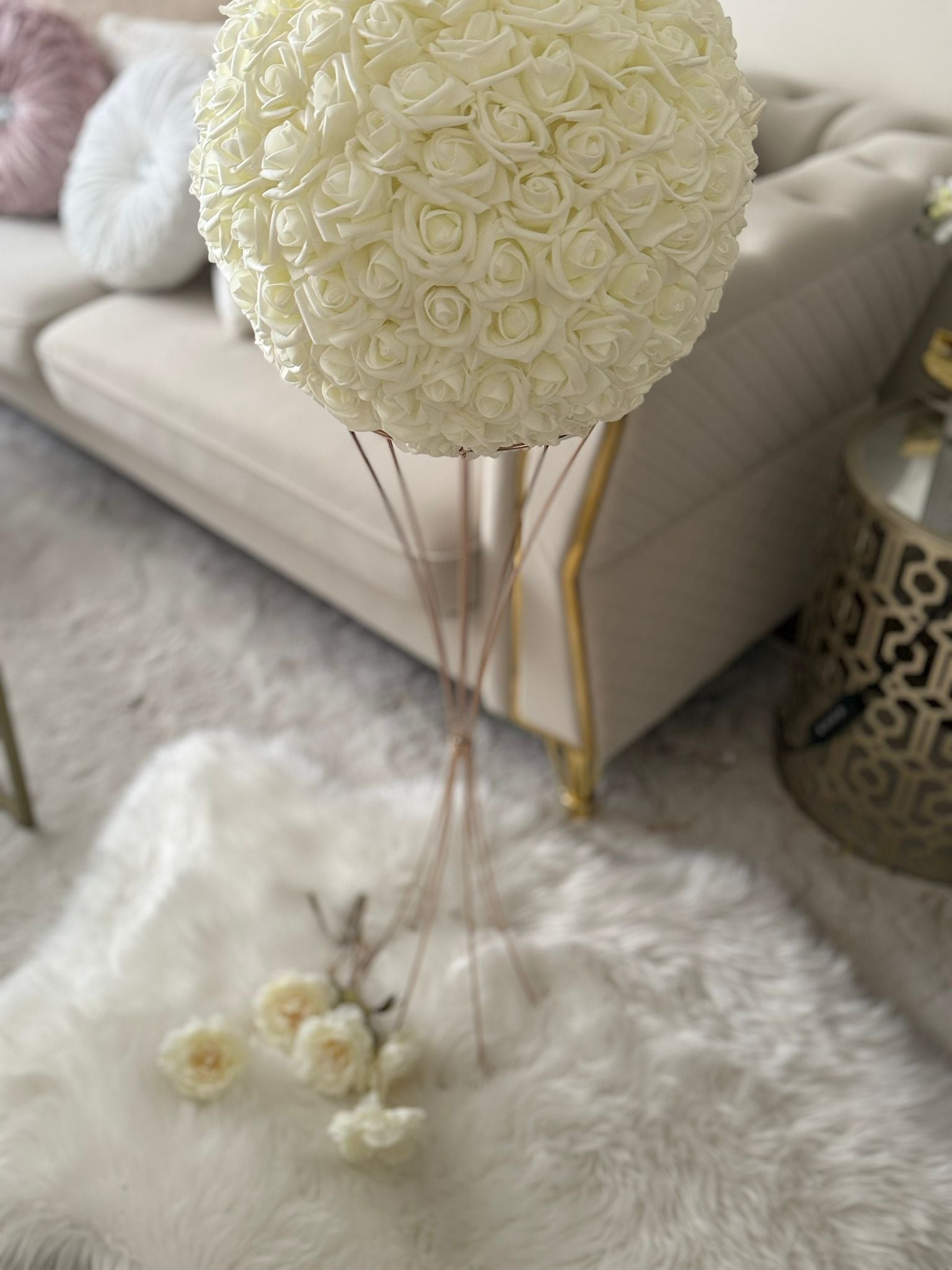 Elegant Ivory Rose Ball Topiary – Wedding & Home Floral Centerpiece