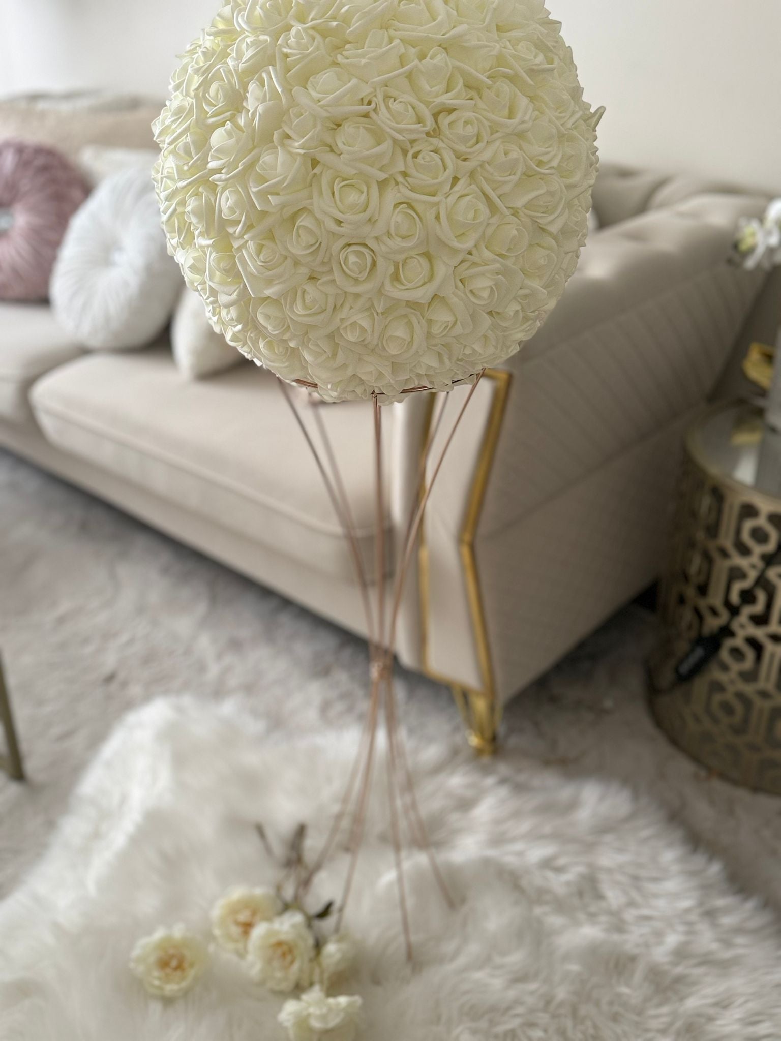 Elegant Ivory Rose Ball Topiary – Wedding & Home Floral Centerpiece
