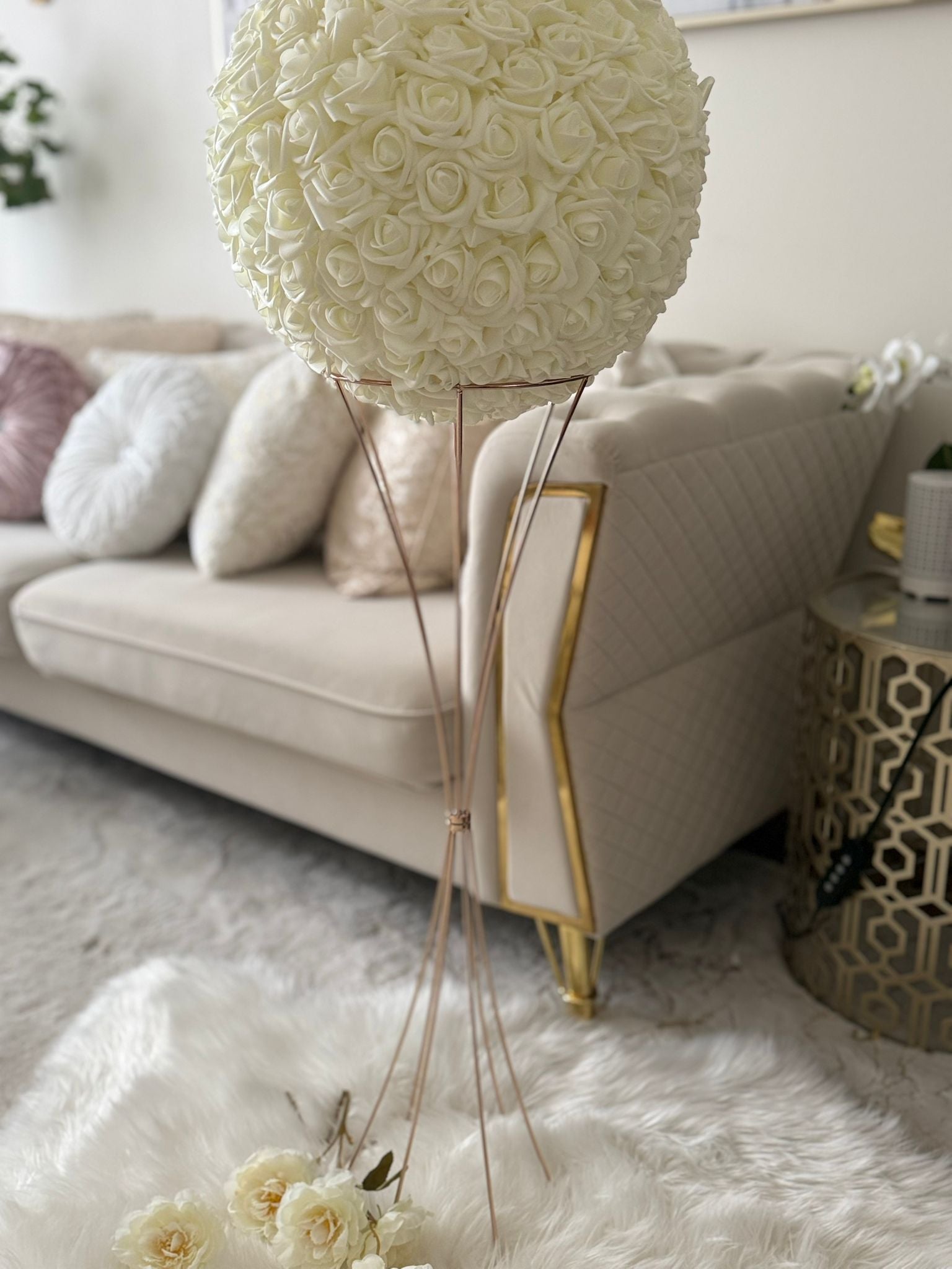 Elegant Ivory Rose Ball Topiary – Wedding & Home Floral Centerpiece