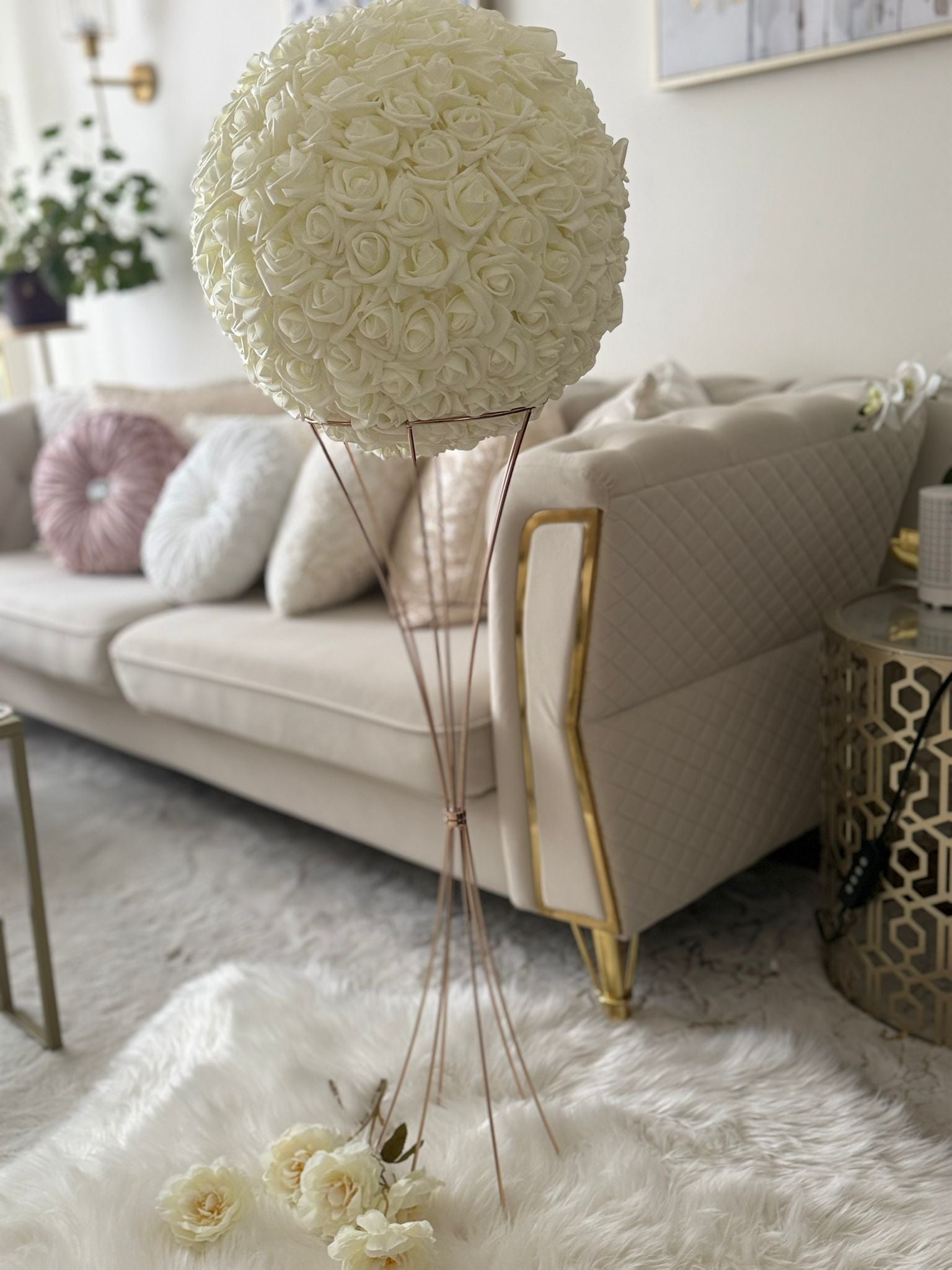 Elegant Ivory Rose Ball Topiary – Wedding & Home Floral Centerpiece