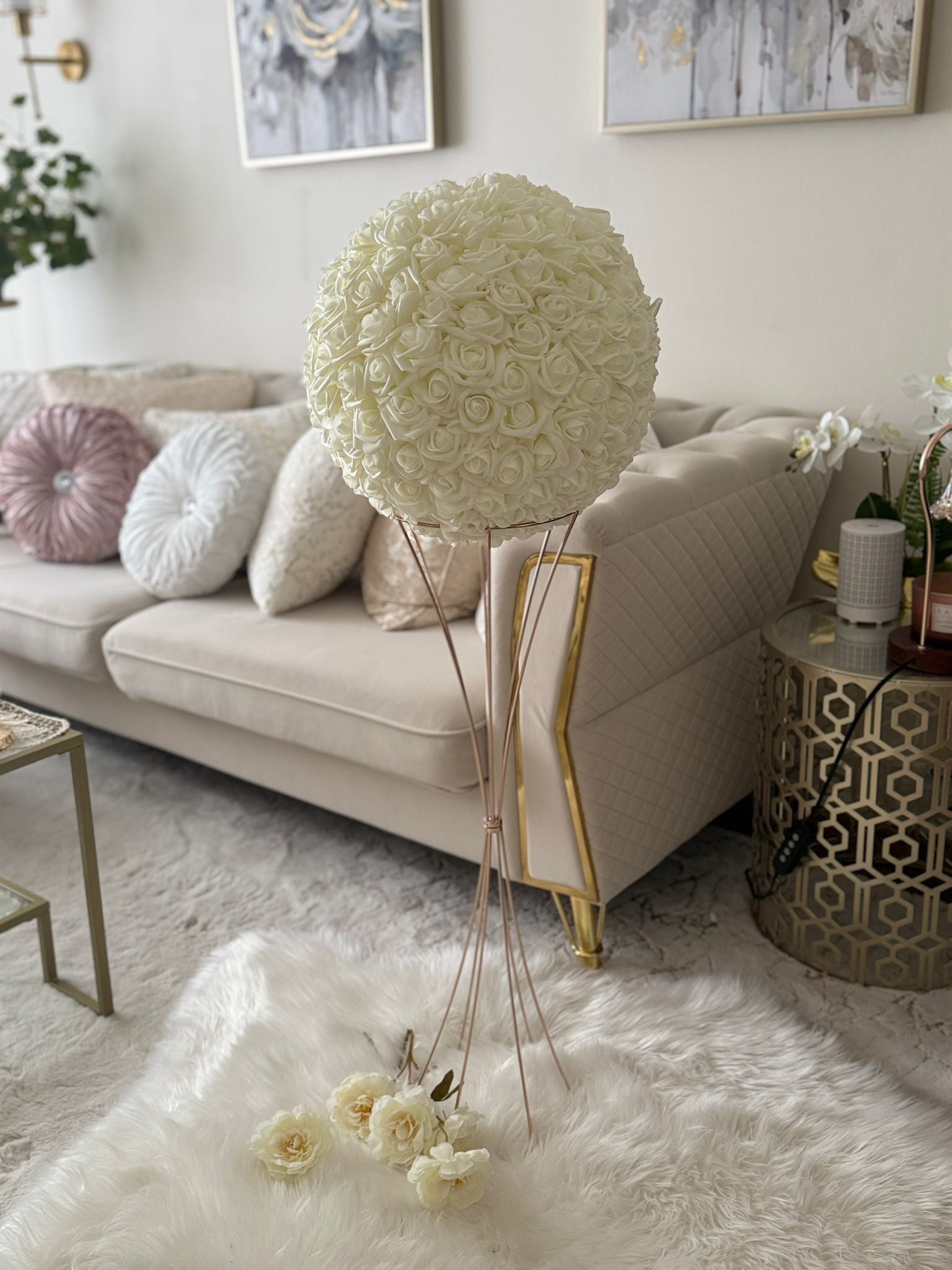 Elegant Ivory Rose Ball Topiary – Wedding & Home Floral Centerpiece