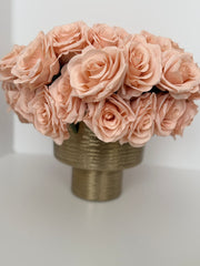 Blush Faux Rose Arrangement in Gold Vase – Elegant Floral Home Decor Centerpiece