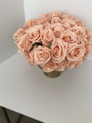 Blush Faux Rose Arrangement in Gold Vase – Elegant Floral Home Decor Centerpiece