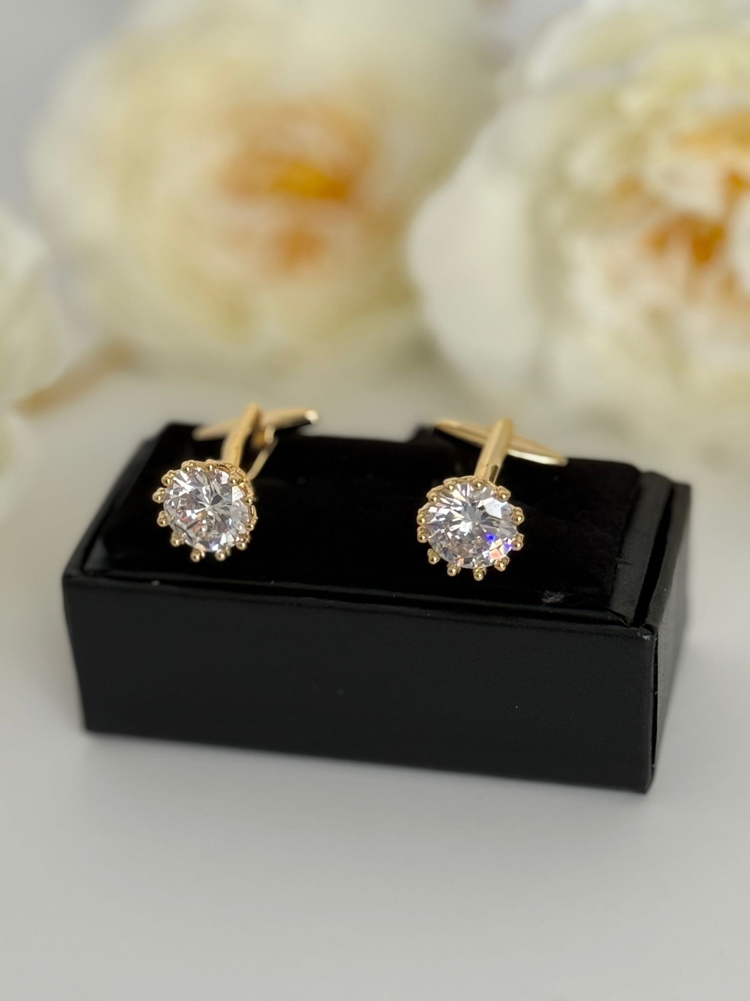 Crystal Cufflinks – Elegant Gold-Tone Formal Statement