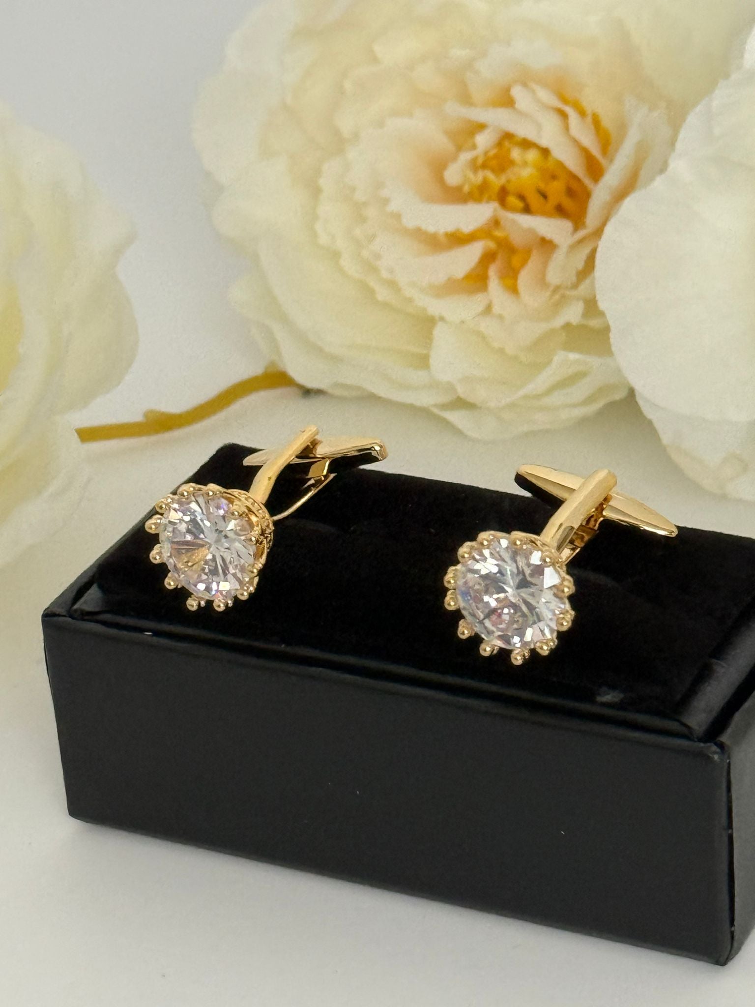 Crystal Cufflinks – Elegant Gold-Tone Formal Statement