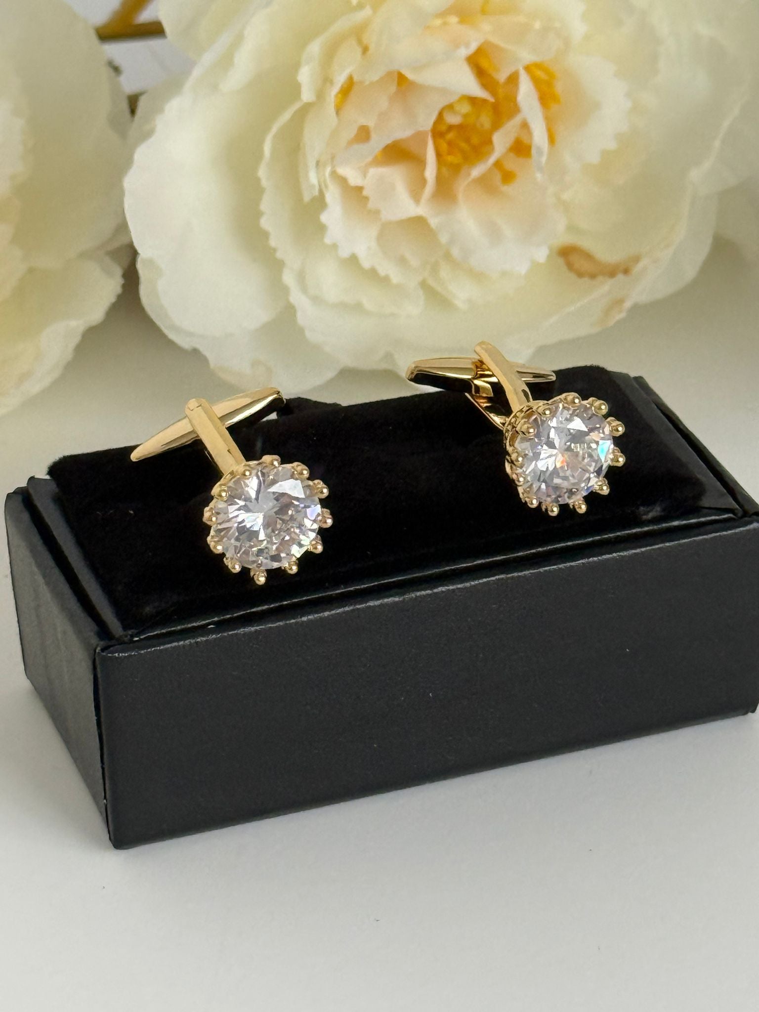 Crystal Cufflinks – Elegant Gold-Tone Formal Statement