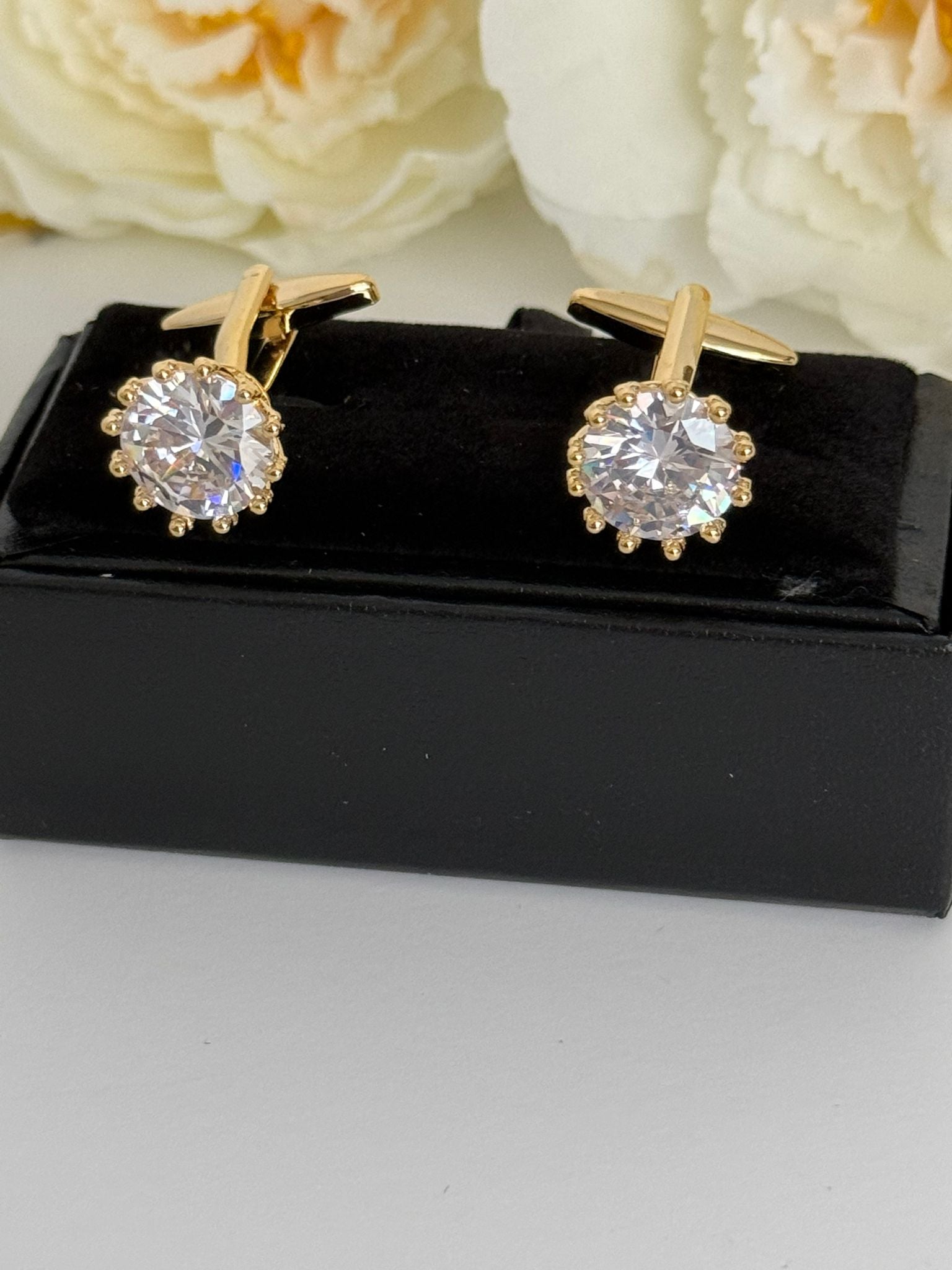 Crystal Cufflinks – Elegant Gold-Tone Formal Statement
