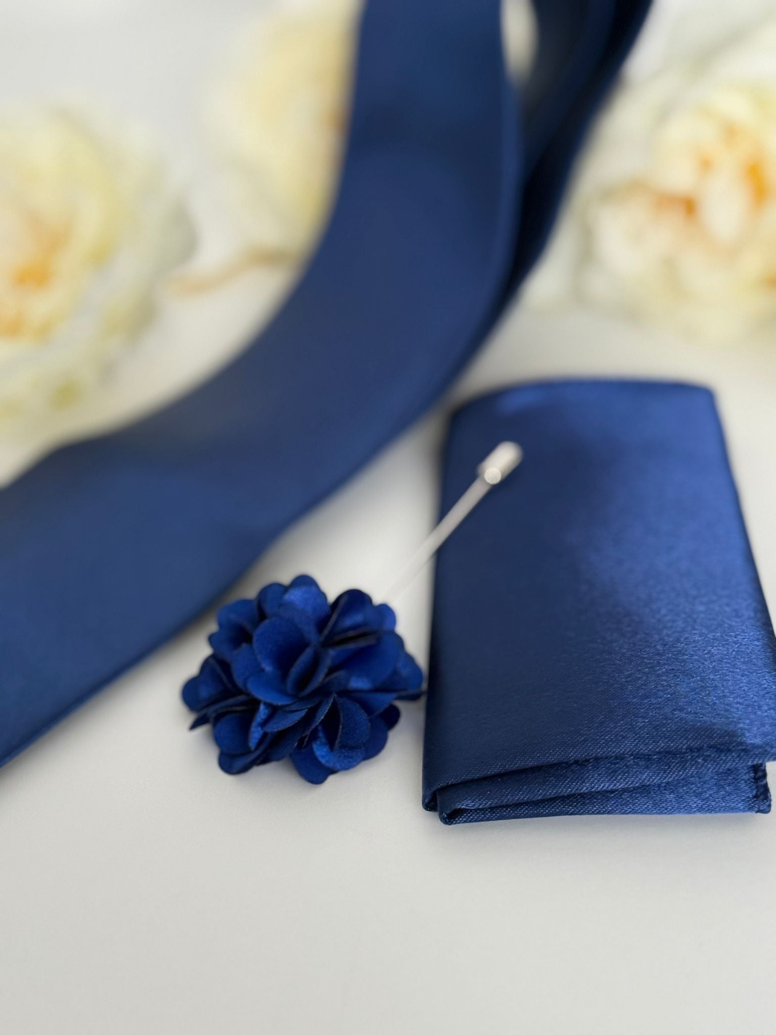 Men’s Royal Blue Tie Set with Tie Clip, Pocket Square & Lapel Flower