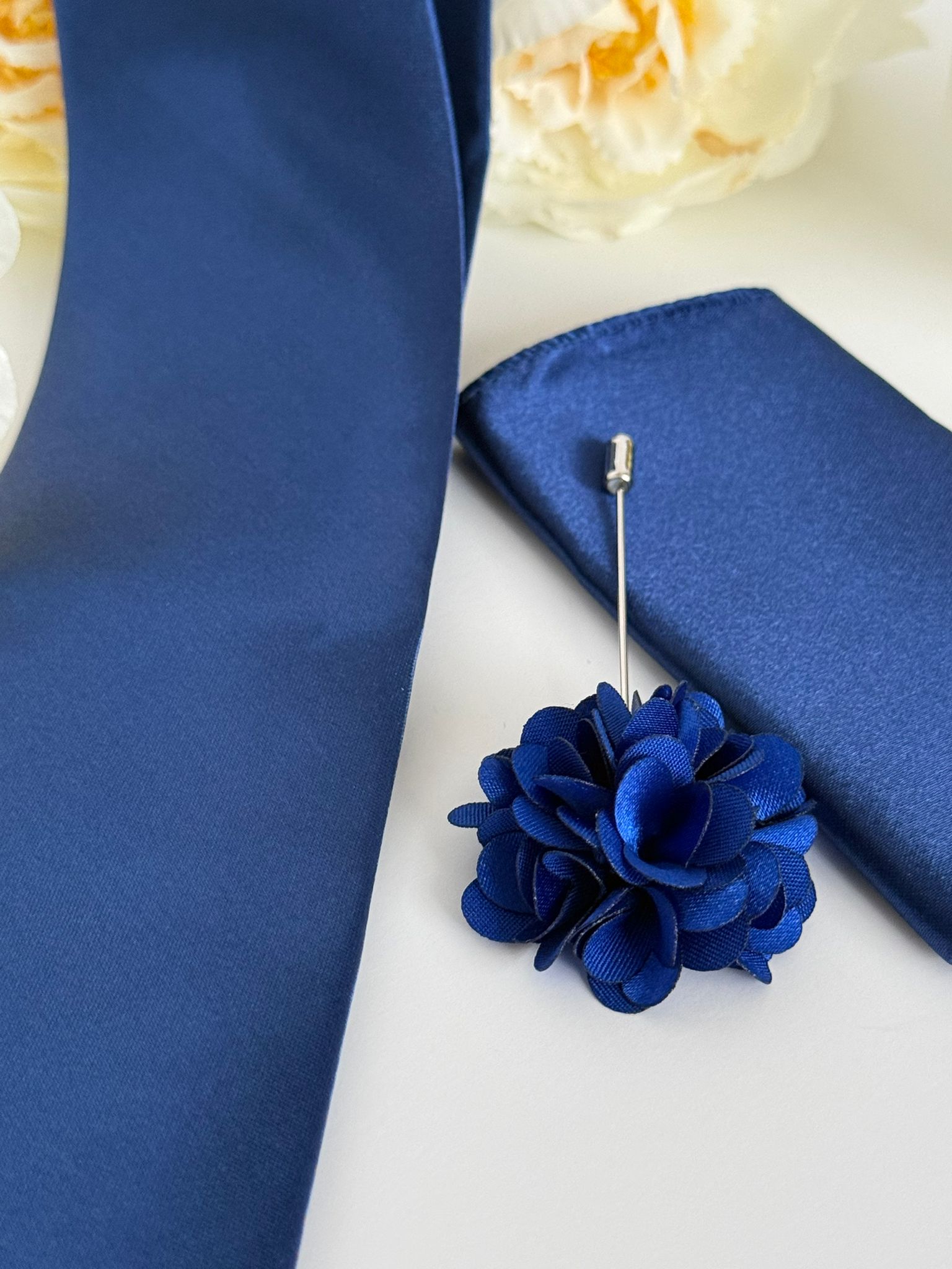 Men’s Royal Blue Tie Set with Tie Clip, Pocket Square & Lapel Flower