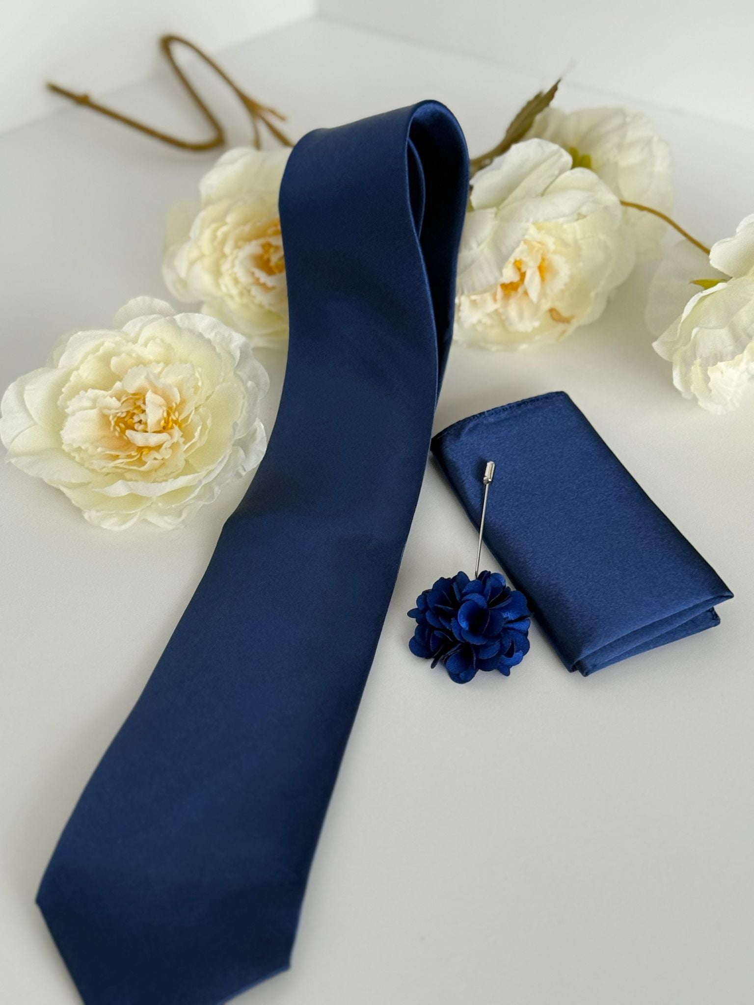Men’s Royal Blue Tie Set with Tie Clip, Pocket Square & Lapel Flower