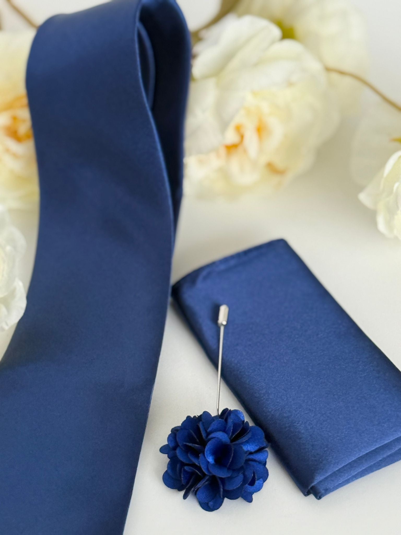 Men’s Royal Blue Tie Set with Tie Clip, Pocket Square & Lapel Flower