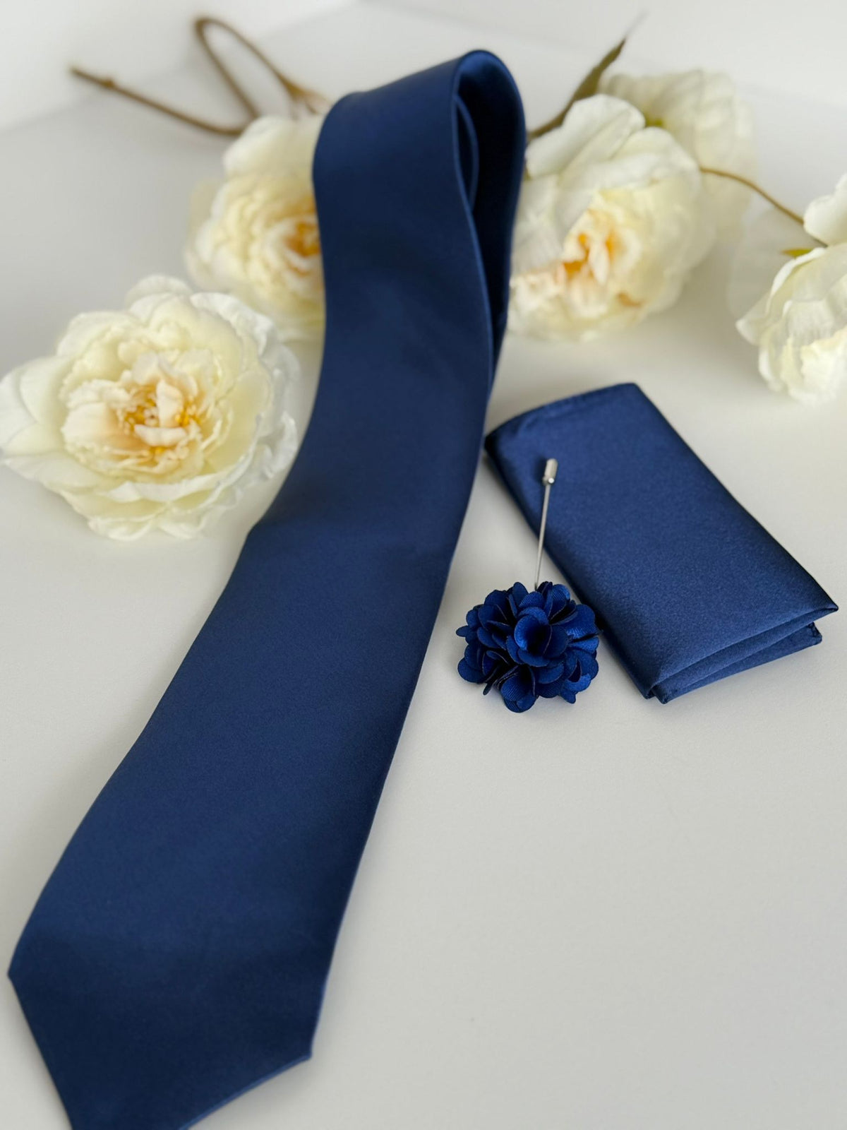 Men’s Royal Blue Tie Set with Tie Clip, Pocket Square & Lapel Flower