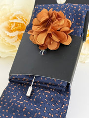 Men’s Navy Patterned Tie Set with Pocket Square & Lapel Flower