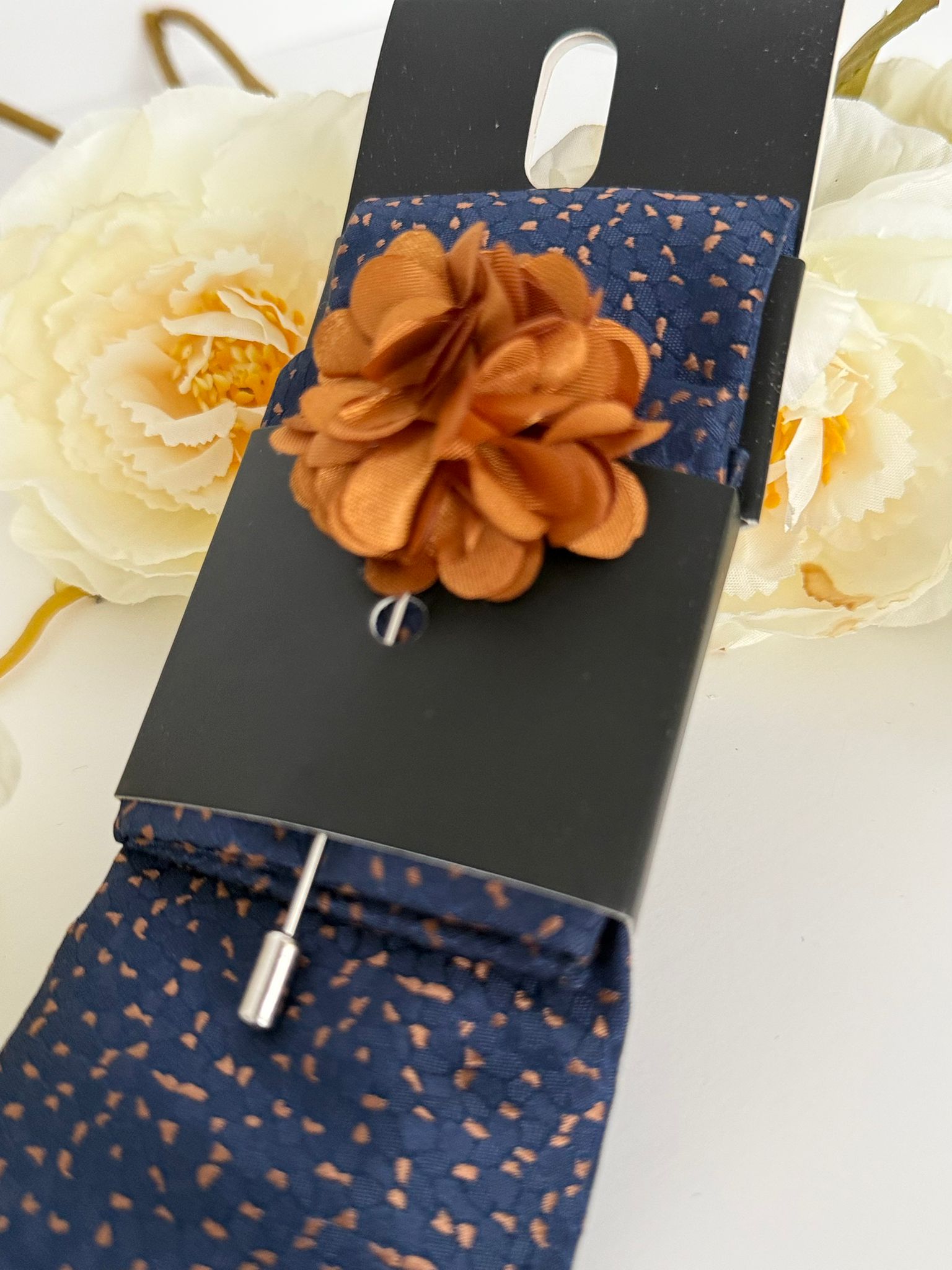 Men’s Navy Patterned Tie Set with Pocket Square & Lapel Flower