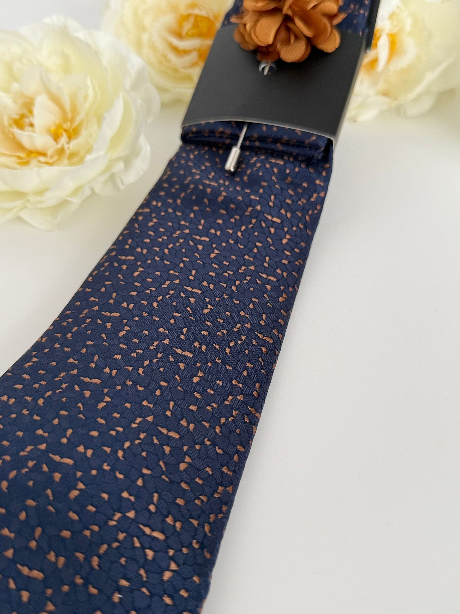 Men’s Navy Patterned Tie Set with Pocket Square & Lapel Flower