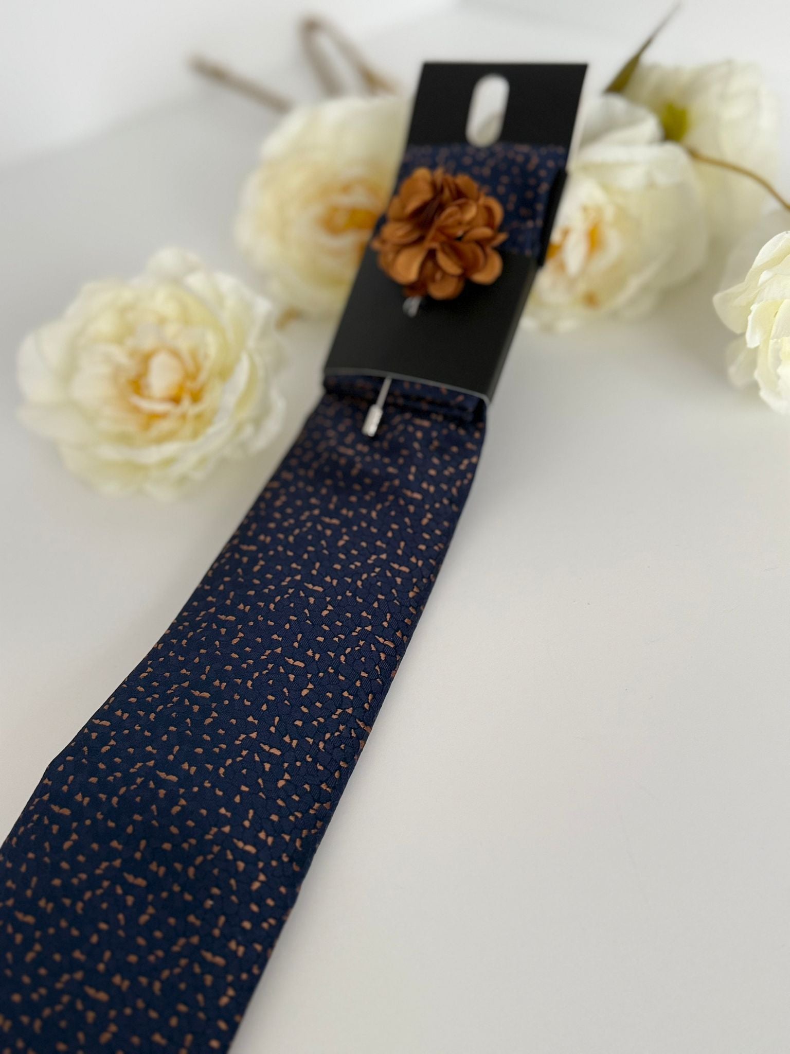Men’s Navy Patterned Tie Set with Pocket Square & Lapel Flower