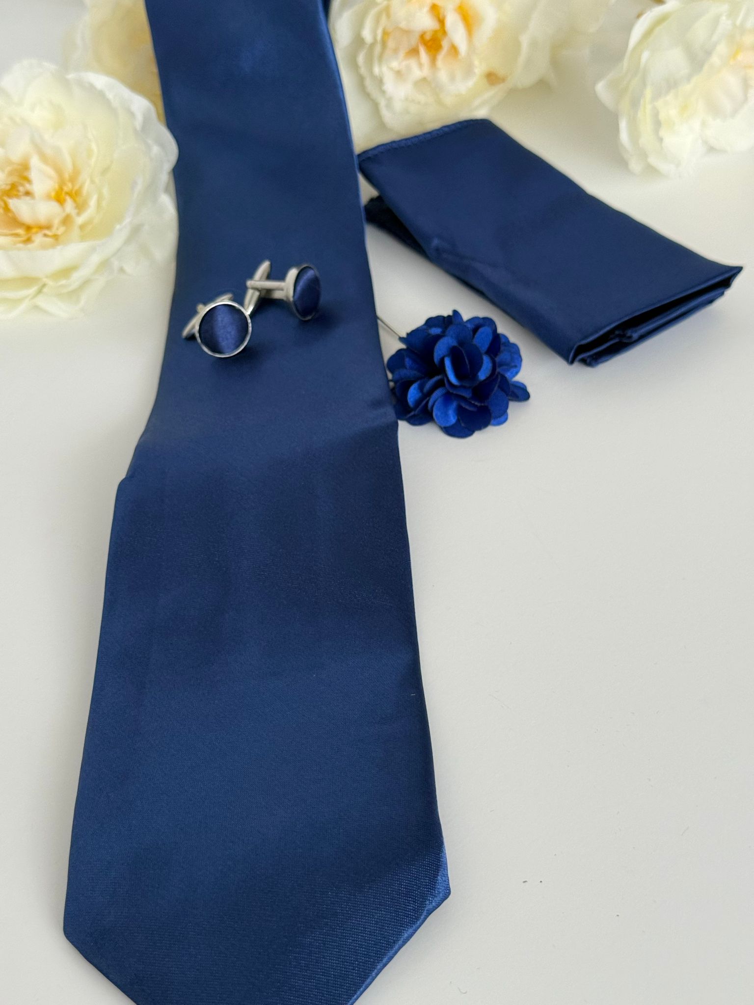 Men’s Navy Blue Tie Set with Cufflinks, Pocket Square & Lapel Flower