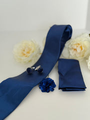 Men’s Navy Blue Tie Set with Cufflinks, Pocket Square & Lapel Flower