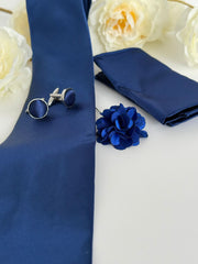 Men’s Navy Blue Tie Set with Cufflinks, Pocket Square & Lapel Flower