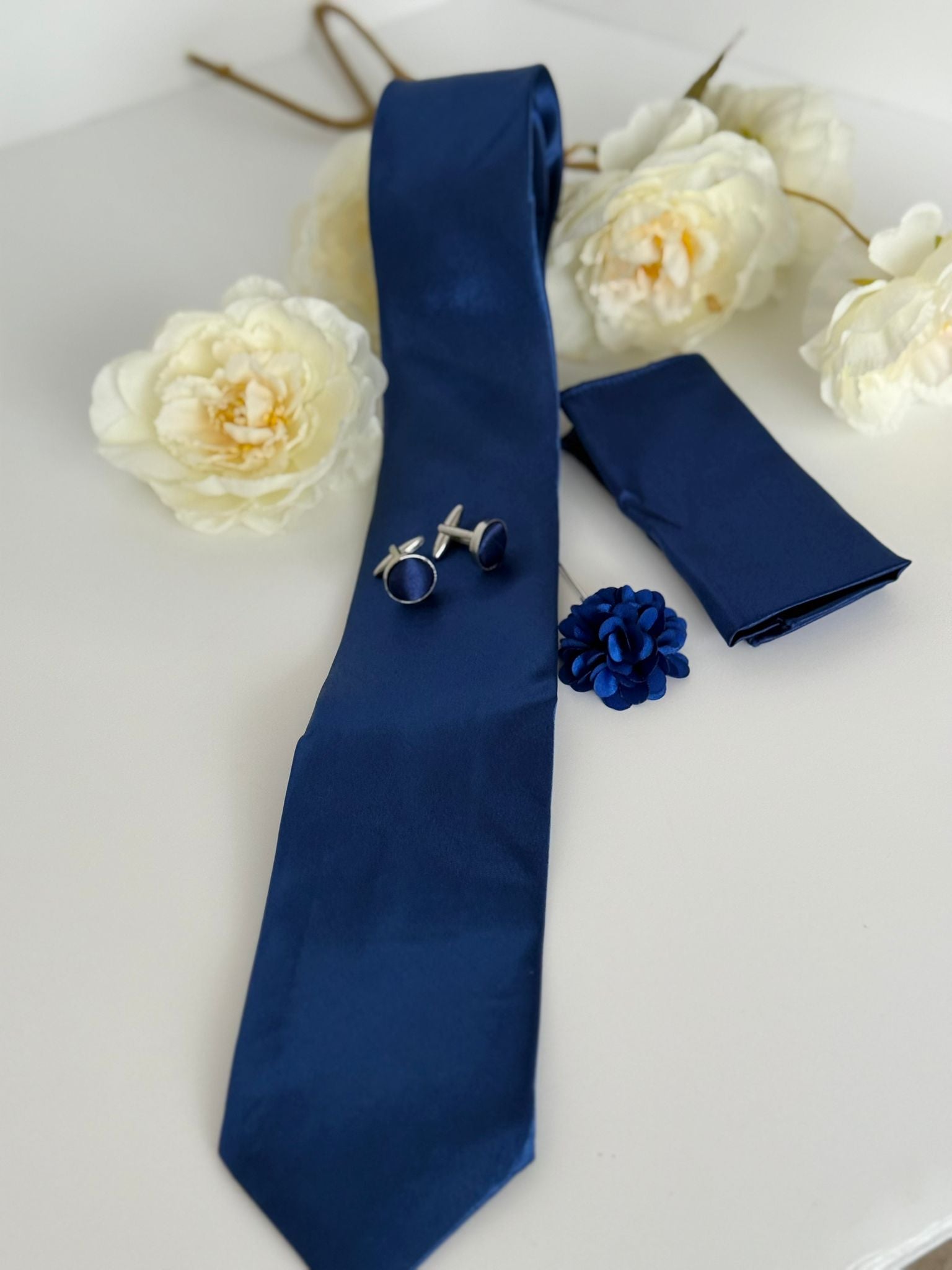 Men’s Navy Blue Tie Set with Cufflinks, Pocket Square & Lapel Flower