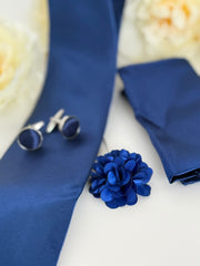Men’s Navy Blue Tie Set with Cufflinks, Pocket Square & Lapel Flower