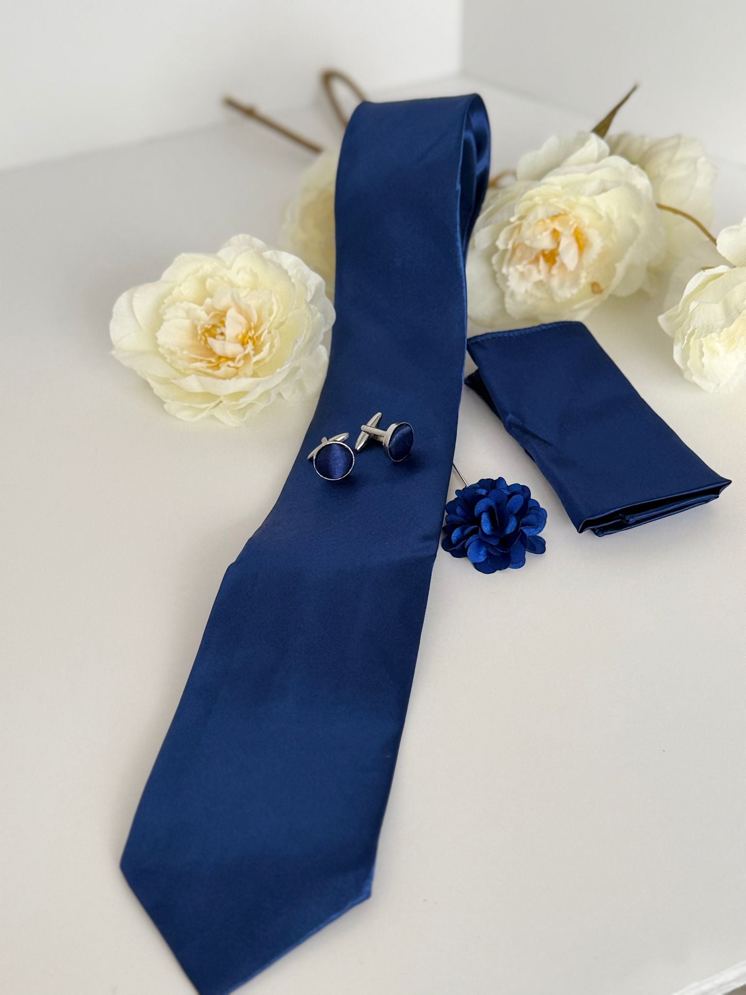 Men’s Navy Blue Tie Set with Cufflinks, Pocket Square & Lapel Flower