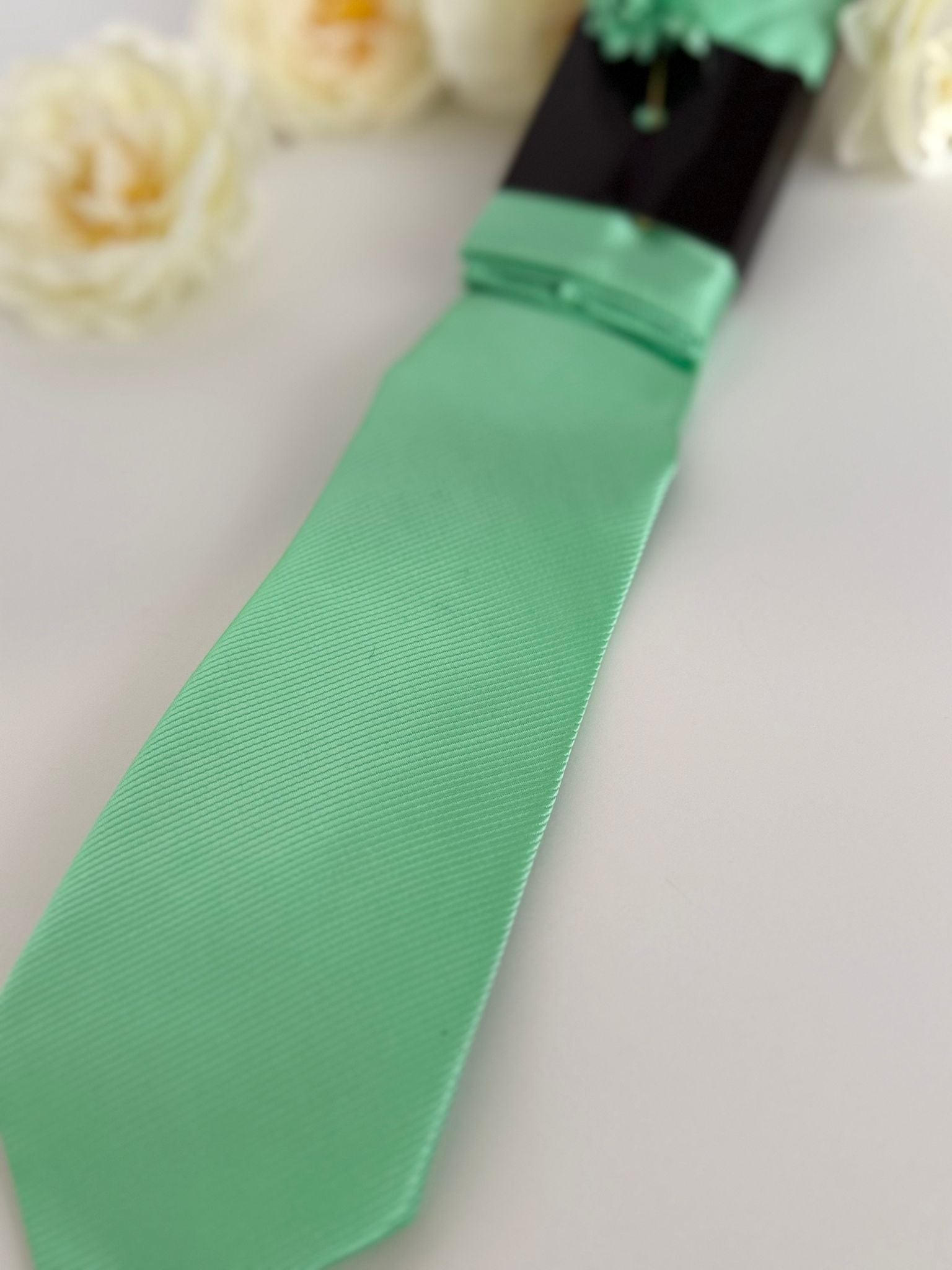 Men’s Mint Green Tie Set with Pocket Square & Lapel Flower