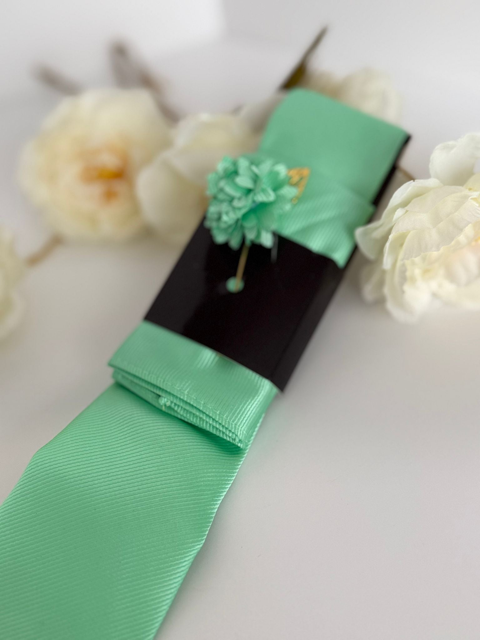 Men’s Mint Green Tie Set with Pocket Square & Lapel Flower