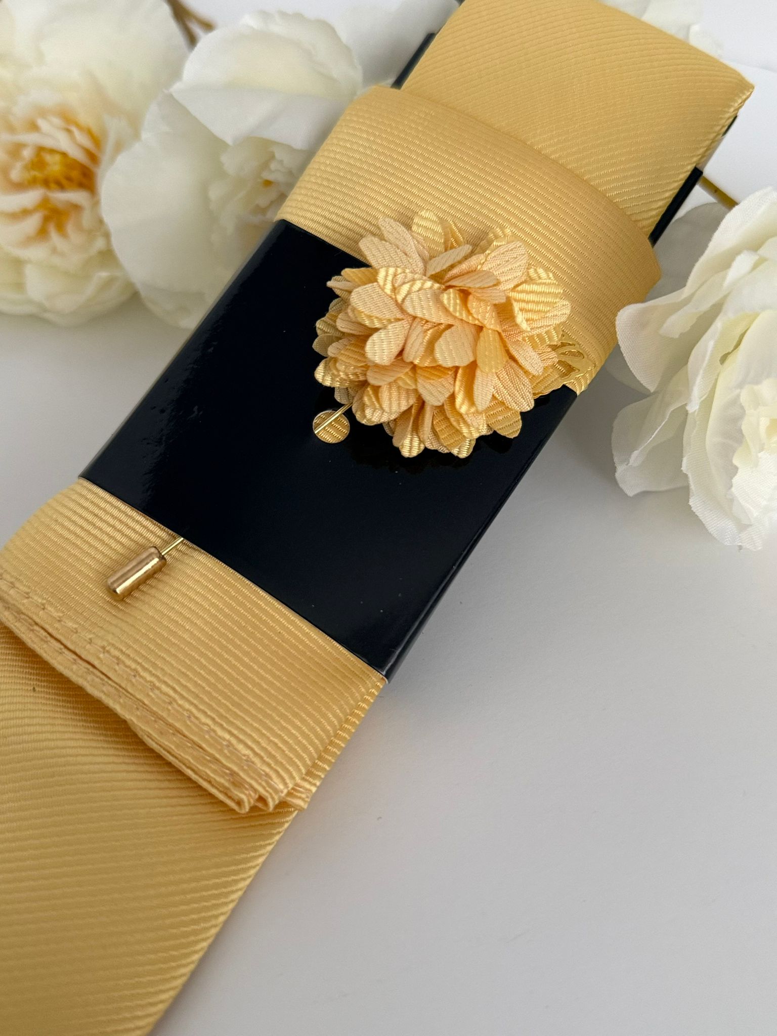 Men’s Yellow Satin Tie Set with Pocket Square & Lapel Flower