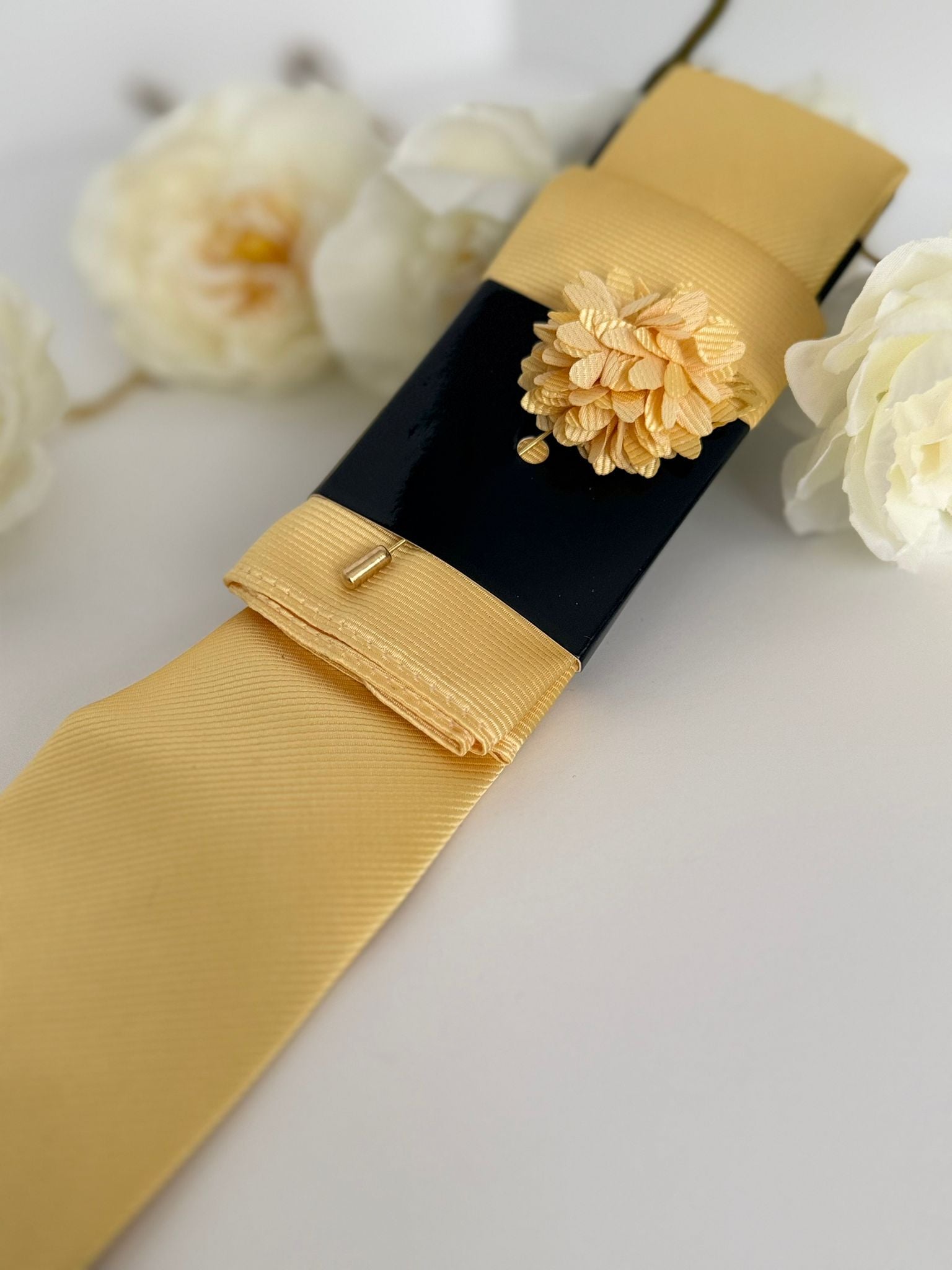 Men’s Yellow Satin Tie Set with Pocket Square & Lapel Flower