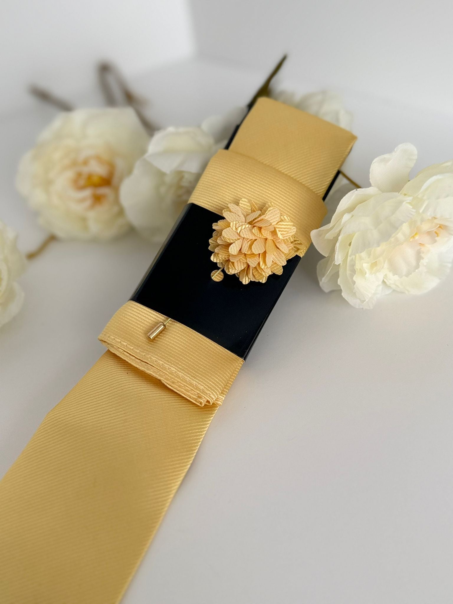 Men’s Yellow Satin Tie Set with Pocket Square & Lapel Flower