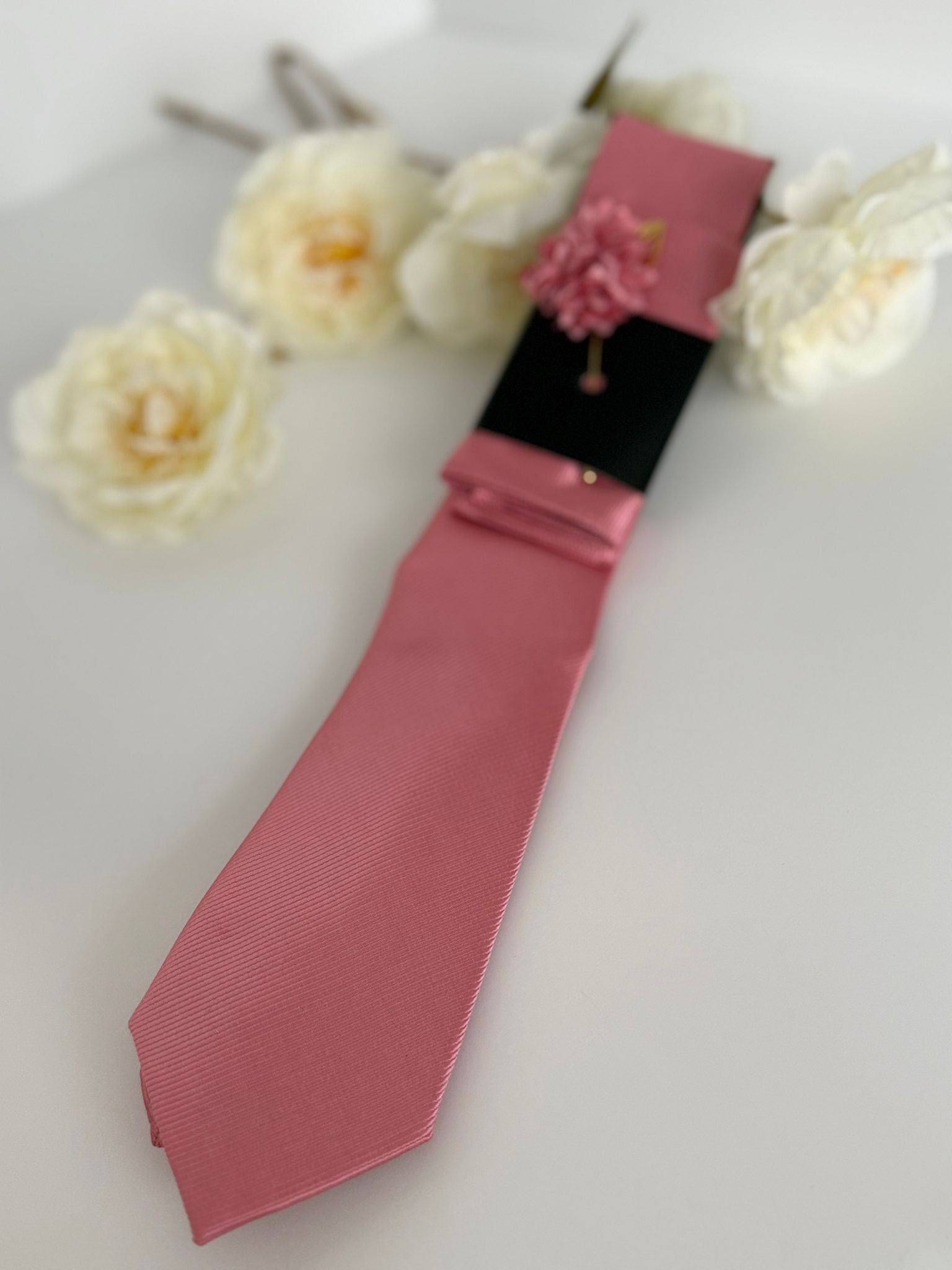 Men’s Pink Satin Tie Set with Pocket Square & Lapel Flower