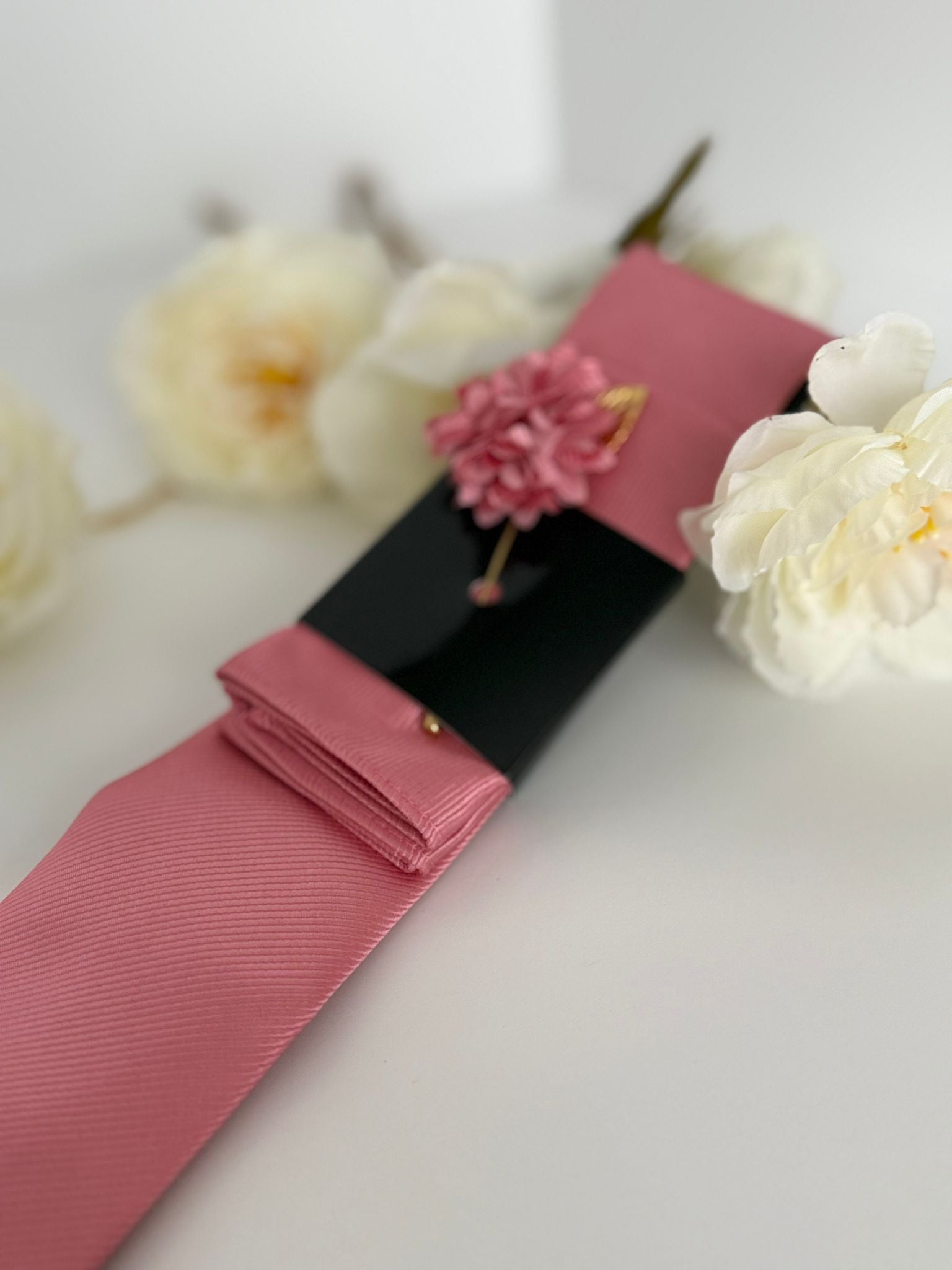 Men’s Pink Satin Tie Set with Pocket Square & Lapel Flower