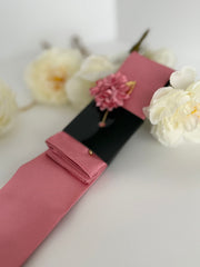 Men’s Pink Satin Tie Set with Pocket Square & Lapel Flower