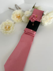 Men’s Pink Satin Tie Set with Pocket Square & Lapel Flower